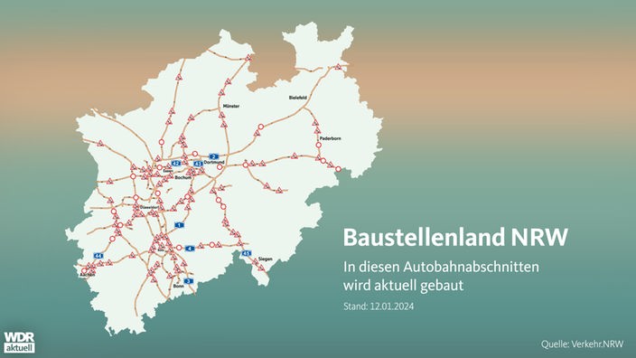 NRW-Karte mit eingezeichneten Baustellen