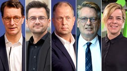 Hendrik Wüst (CDU), Thomas Kutschaty (SPD), Joachim Stamp (FDP), Markus Wagner (AfD), Mona Neubaur (Grüne)