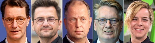 Hendrik Wüst (CDU), Thomas Kutschaty (SPD), Joachim Stamp (FDP), Markus Wagner (AfD), Mona Neubaur (Grüne)