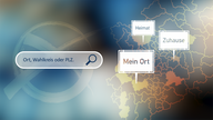 Ein Suchschlitz, in den man einen Orstnamen, einen Wahlkreis oder eine Postleitzahl eingeben kann, steht naben einer Karte von NRW.