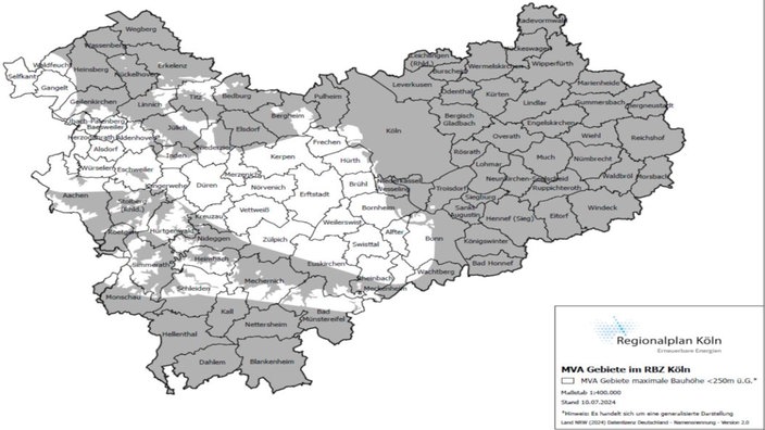 Das Bild zeigt Flächen im Regierungsbezirk Köln, in denen wegen militärischer Flugrouten eine Beschränkung der Bauhöhe von maximal 250 Metern gilt.