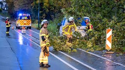 Feuerwehreinsatz in Lüdenscheid, eine umgefallene Eiche liegt auf der Straße