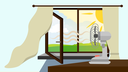 Illustration eines offenen Fensters, draußen ist die SOnne zu sehen, innen steht ein Ventilator, der warme Luft nach außen pustet
