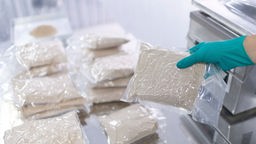 Plastikbeutel mit Mehl aus getrockneten Hausgrillenwerden für den Versand verpackt