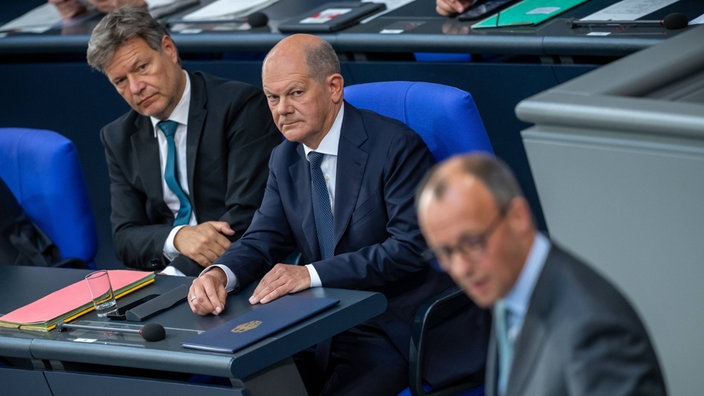 Friedrich Merz (vorn), spricht vor Bundeskanzler Olaf Scholz (mitte) und Robert Habeck (links) im Bundestag