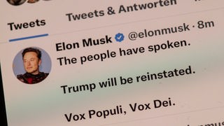 Mehrheit für Trumps Rückkehr auf die Social Media Plattform, Tweet von Elon Musk um 1:54 Uhr deutscher Zeit