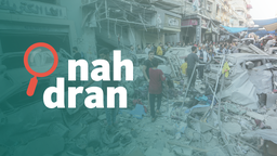 Das Bild zeigt die zerstörte Stadt Chan Junis im Gaza-Streifen, links davon das Logo von "nah dran". 