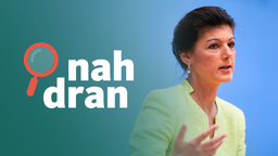 Das Bild zeigt die Politikerin Sahra Wagenknecht, links daneben das Logo von Nah dran.