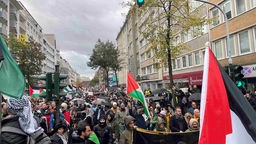 Demonstrierende in Düsseldorf mit Palästina-Flaggen