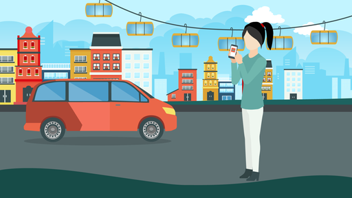 Cartoon: Frau ruft Bus über HandyApp, im Hintergrund eine Seilbahn