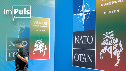 Eine Sichrheitskraft vor dem Logo des NATO-Gipfels in Vilnius