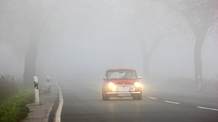 Landstraße zwischen Essen und Bochum im dichten Herbst Nebel. Sichtweite unter 100 Metern (Archiv)