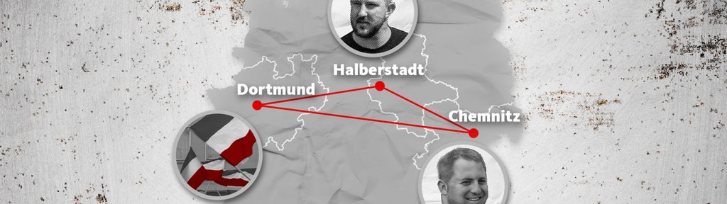 Deutschlandkarte, auf der Fotos von Menschen und Verbindungslinien zwischen Dortmund, Halberstadt und Chemnitz zu sehen sind