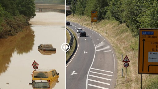 Ein zweigeteiltes Bild zeigt eine Straße einmal überflutet und einmal mit fahrenden Autos