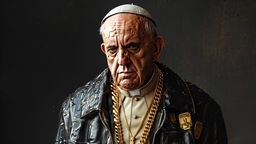 KI-generiertes Bild von Papst Franziskus gekleidet in Lederjacke und Goldketten
