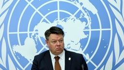 Der Generalsekretär der Weltorganisation für Meteorologie (WMO), Petteri Taalas, nimmt an einer Pressekonferenz zur Vorstellung des globalen Klimaberichts bei den Vereinten Nationen in Genf, Schweiz, am 18. Mai 2022 teil.