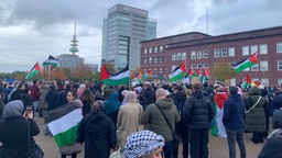 Pro-Palästina-Demonstranten in Duisburg auf der Demo mit Transparenten und Palästina-Flaggen