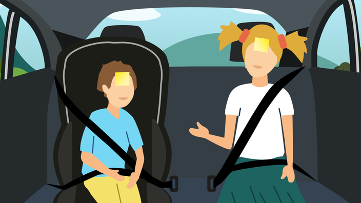 Grafik von einem Jungen und einem Mädchen, die auf der Rückbank eines Autos sitzen und ein Spiel spielen, bei dem man sich Post-its auf die Stirn klebt.