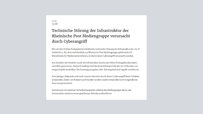 Technische Störung der Infrastruktur der Rheinische Post Mediengruppe verursacht durch Cyberangriff