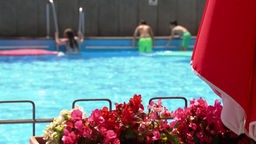 Leute schwimmen im hellblauen Wasser des Freibades in Vohwinkel. Im Vordergrund ein blühender Blumenkasten und ein Sonnenschirm. Das Wasserbecken im Hintergrund ist tiefenunscharf.