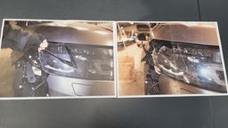 Zwei Fotos nebeneinander mit Nahaufnahmen der beschädigten Fahrzeugteile