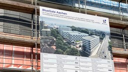 Baustellengerüst an Rohbau-Fassade, daran ein Banner zu Bluegate Aachen mit einem Bild der künftigen Gebäude