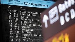 Anzeigetafel mit Abflugzeiten am Flughafen Köln Bonn