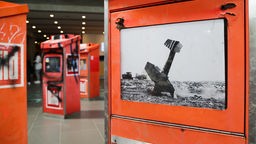 Auf dem Bild sind mehrere der von HA Schult modellierten Zeitungskästen der Bild zu sehen, auf dem Zeitungskasten im Vordergrund wird ein abgestürztes Flugzeug gezeigt.