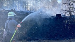 Ein Feuerwehrmann bekämpft mit einem Schlauch die Flammen im Windecker Wald