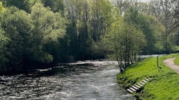 Ein Fluss fliesst an einer Treppe am Ufer entlang, das Sonnenlicht Spiegelt auf dem Wasser