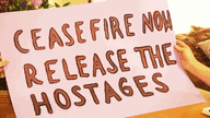 Ein gemaltes Plakat für die Demo, auf dem der Satz gefordert wird: Cease Fire now Release the Hostages