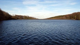 Auf dem Foto ist eine gefüllte Talsperre mit Wald drumherum.