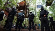 Polizisten umstellen ein Baumhaus