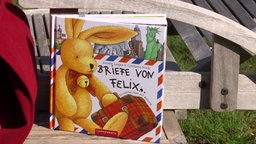 Buch "Briefe von Hase Felix" steht auf einer Bank. Hase ist auf dem Buchcover