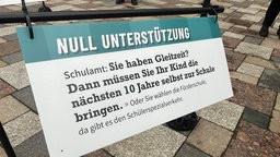 Schild zum Hürdenlauf, Sinngemäß: Eltern von SchülerInnen mit Behinderung wird der Zugang zu inklusiver Bildung erschwert