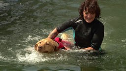 Tierpysiotherapeutin hält einen Hund in Schwimmweste im Wasser fest.