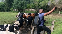 Ein Mann macht ein Selfie mit Kühen auf einer Weide.