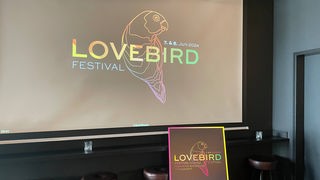 Buntes Logo des Lovebird-Fesitvals mit Vogel und Schriftzug auf Leinwand