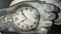 Auf eine Hand ist eine Uhr mit römischen Zahlen tätowiert