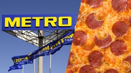 Schild des Metro-Konzerns und eine Salamipizza.