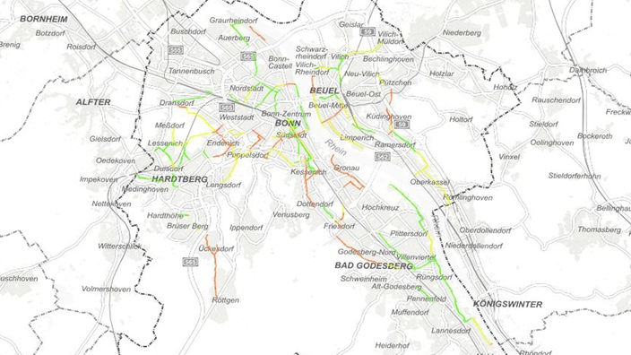 Karte von Bonn mit orange, grün und gelb markierten Routen