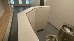 Ein befliester Raum mit 2 Bänken und einer Toilette