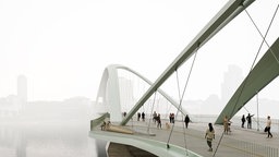 Entwurf für neue Rheinbrücke in Köln mit Sitzmöglichkeiten.