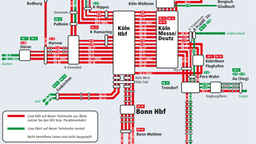 Ein Übersichtsplan mit roten Linien für die gesperrten und grünen für die regulär fahrenden Linien