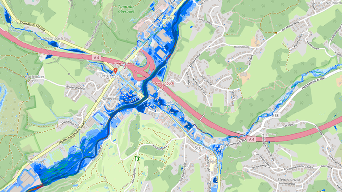 Per Karte ausgewiesene Überflutungszonen in Untereschbach