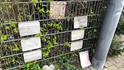Gedenktafeln an einem Zaun mit Aufschriften wie "Partner, Vater, Onkel oder Freund"
