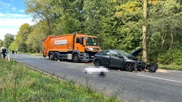 Ein Müllwagen und ein schwarzer PKW stehen sichtlich mitgenommen am Straßenrand