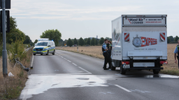 Einsatzkräfte der Polizei stehen an der Unfallstelle in Pulheim