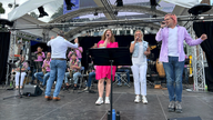 Teilweise pink gekleidete Musiker stehen musizierend auf einer Bühne