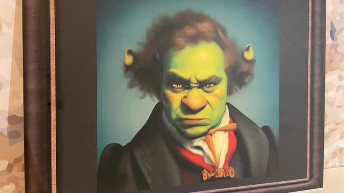Ein Gemälde von Shrek hängt nach der Wiedereröffnung im Deutschen Museum in Bonn. 